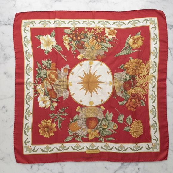 Salvatore Ferragamo Accessories - Salvatore Ferragamo Red Silk Scarf Harvest Seasons Sun & Moon Print